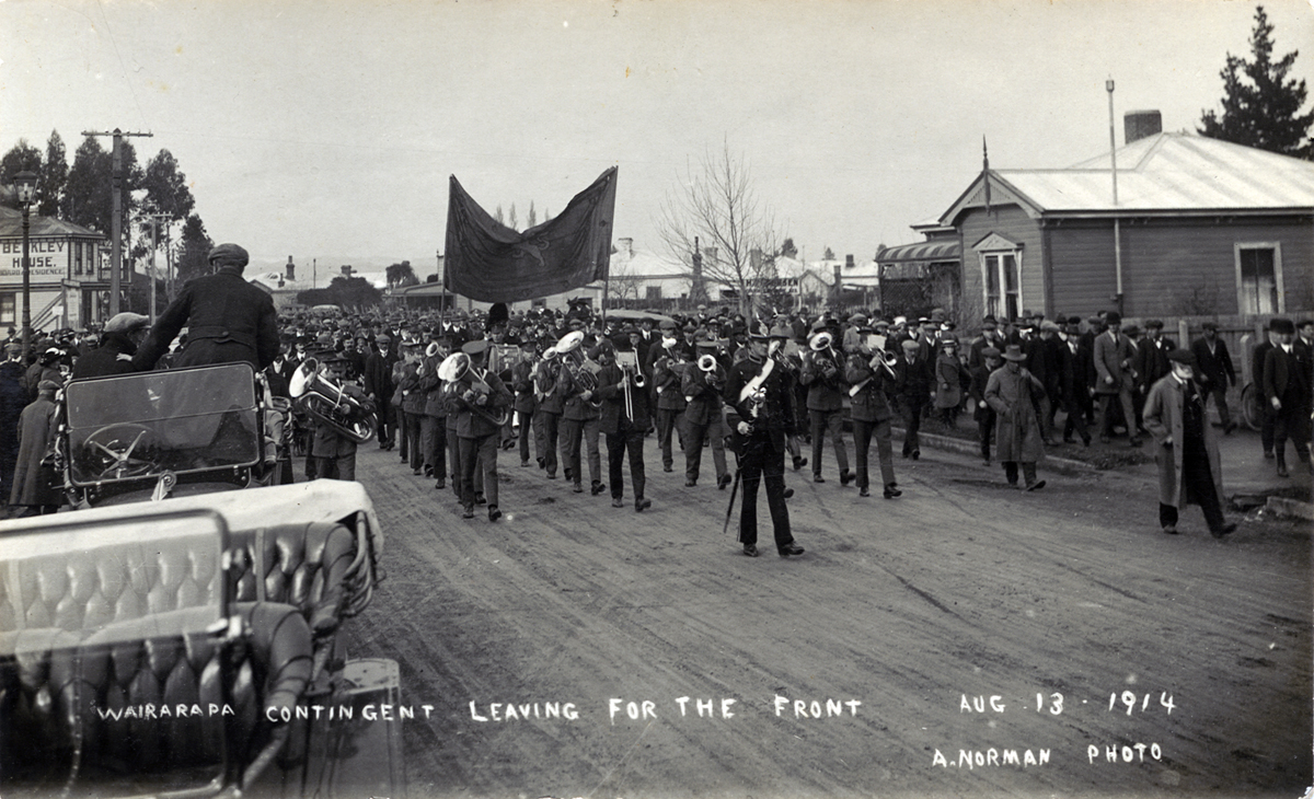 Masterton's first  volunteers march towards the railway station, 13 August 1914