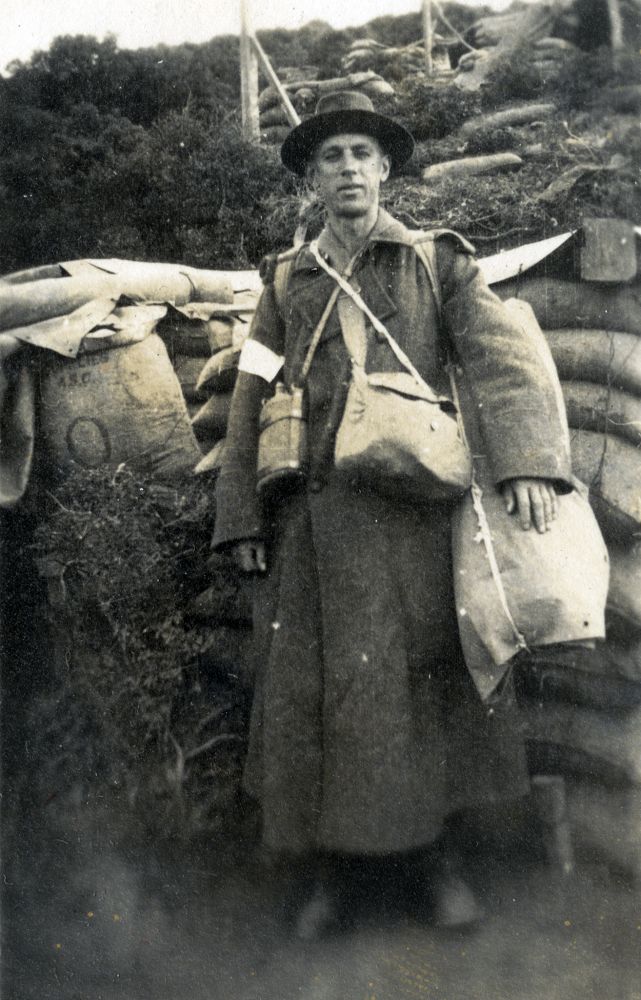 Norman Prior, with his worldly goods, ready to leave Gallipoli, December 1915.